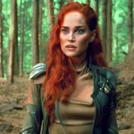 Image similar to movie still of cute young sharon stone as bounty hunter mara jade on the forested mountain planet wayland in star wars episode vii : heir to the empire ( 1 9 9 1 ) ; bare arms ; leather