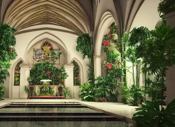 Image similar to cathedral interior with koi pond in the middle surrounded by palm trees, ivy, flowers, tropical plants, roses, and with archways. rendered in octane render with photorealistic lighting