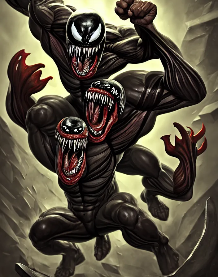 Image similar to fantastic comic cover of venom, lethal protector, muscles, muscular, veins, open mouth, angry, saliva, bigh sharp teeths, large thong, artstation, 3 d hammer modeling, hd, sharp high quality artwork in style of francesco di mattina, marko djurdjeviv, concept art, blizzard warcraft artwork, hearthstone card artwork