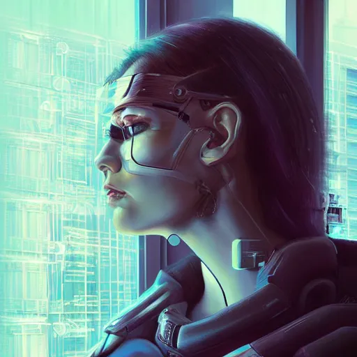 Prompt: portrait of cyberpunk woman looking out of a window, cyberpunk setting, futuristic, highly detailed, intricate lighting, digital painting, sharp focus, illustration, trending on artstation, art by magali villenueve.