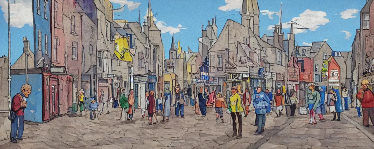 Prompt: a painting of street life in kirkwall orkney, by the simpsons