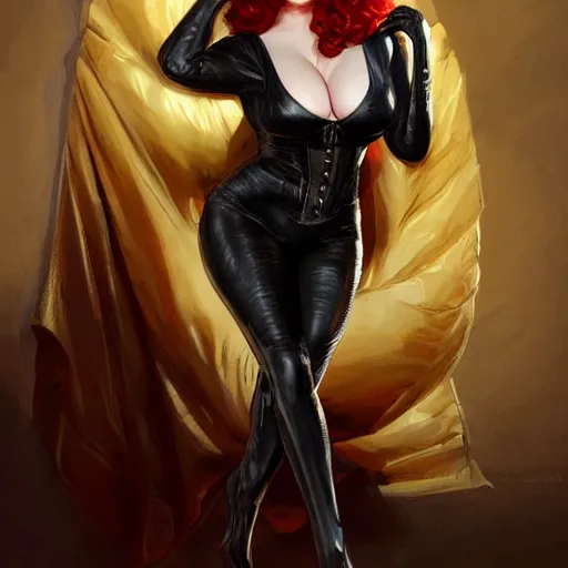 Image similar to christina hendricks in black leather on a bed, high heels, intricate, elegant, highly detailed, digital painting, artstation, concept art, smooth, sharp focus, illustration, art by artgerm and greg rutkowski