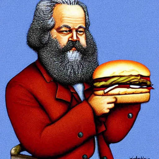 Prompt: Karl Marx pondering his Cheeseburger by Todd Lockwood