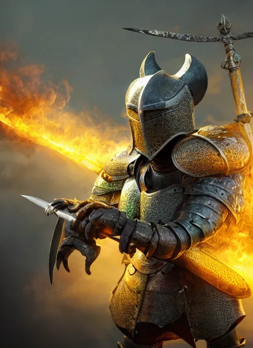 Prompt: full body portrait of half rat knight holding a great sword made of fire, anthropomorphic, hyper realistic, high detail, photo realistic, cinematic lighting, rendering by octane, spot lighting, in a open field, high quality, coherent. green hue armor