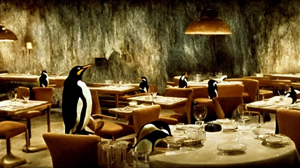 Prompt: restaurant for penguins, film still from the movie directed by denis villeneuve and david cronenberg with art direction by salvador dali and dr. seuss