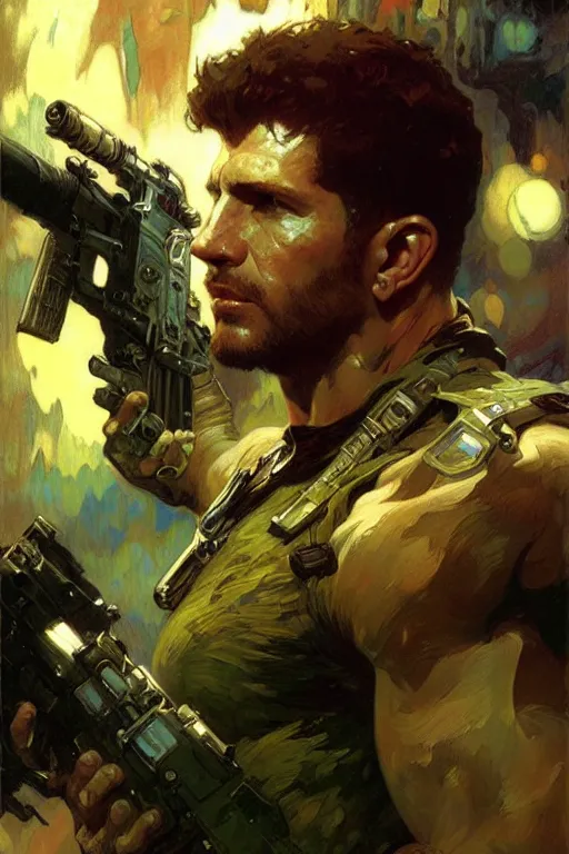 Image similar to chris redfield, attractive man, futurism, painting by gaston bussiere, craig mullins, greg rutkowski, alphonse mucha