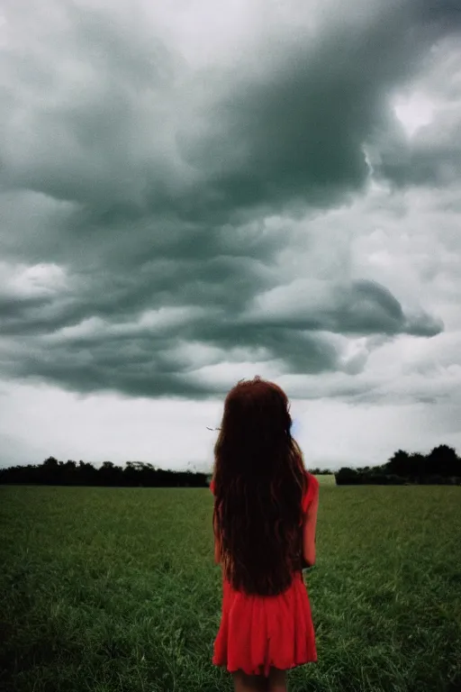 Image similar to kodak ultramax 4 0 0 photograph of a girl with long hair standing in a field, stormy clouds, wicked clouds, big clouds, back view, grain, faded effect, vintage aesthetic,