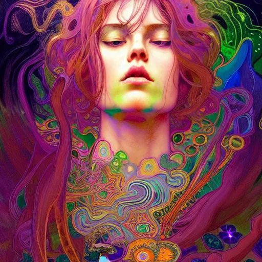 Image similar to A girl having an extremely colorful psychedelic experience, warping time and space, magic mushrooms, psilocybin, LSD, face, detailed, intricate, elegant, highly detailed, digital painting, artstation, concept art, smooth, sharp focus, illustration, art by Krenz Cushart and Artem Demura and alphonse mucha