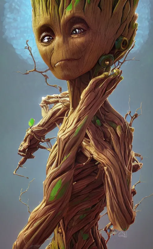 Image similar to Groot, highly detailed, digital painting, artstation, concept art, smooth, sharp focus, illustration, art by artgerm and alphonse mucha, high definition digital art, in the style of ilya kuvshinov and Ross tran