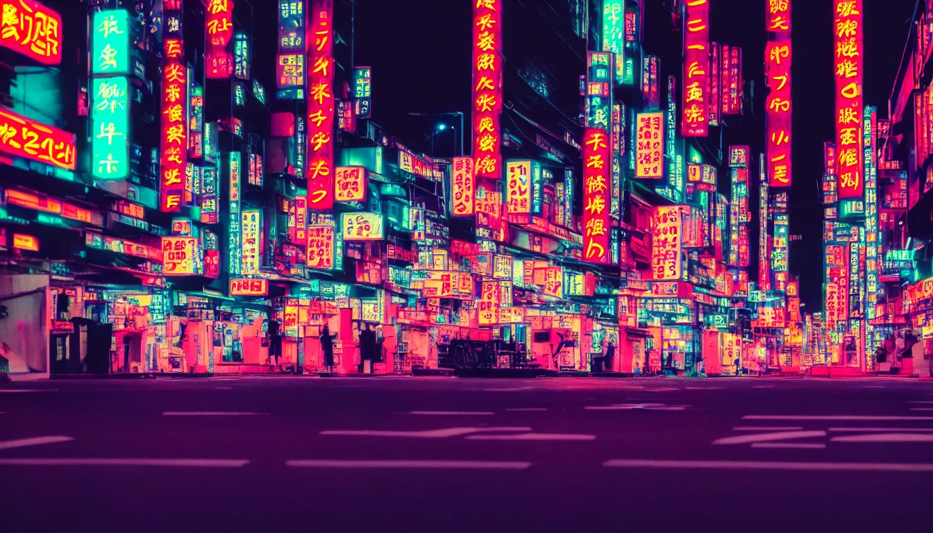 Prompt: 90s neon movie still. futuristic tradtional japanese city at night. liminal. lonely. hyperrealistic, high definition, medium format photography, highly detailed, technicolor, anamorphic 50mm lens