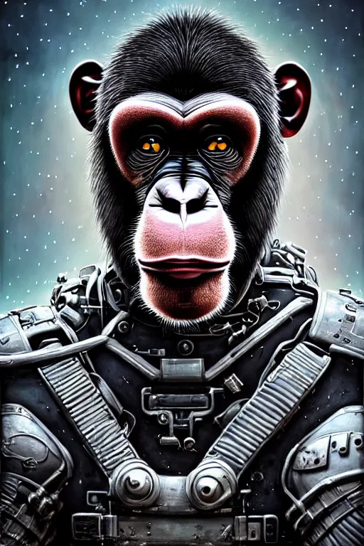 Image similar to a portrait of a muscular anthropomorphic cyberpunk chimp in spacesuit armor with ensignia on chest plate by sandra chevrier, by jon foster, detailed render, post - processing, extremely hyperdetailed, intricate, epic composition, cybernetics, 4 k realistic, cryengine, realistic shaded lighting, sharp focus, masterpiece, by enki bilal