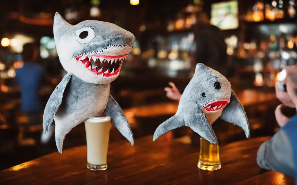 Prompt: Shark plush ordering a beer at a bar, stuffed toy, fish, dim lighting, 50mm, depth of field, beer