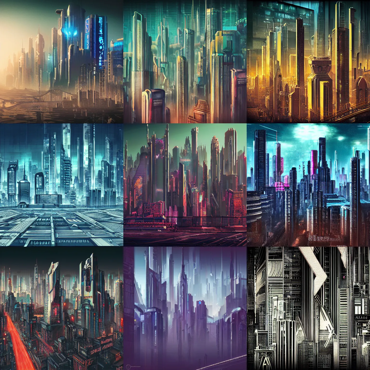 Prompt: beautiful detailed hyperrealistic photo of a cyberpunk art deco skyline