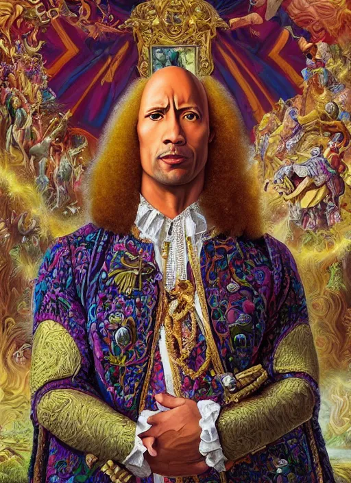 Image similar to beautiful oil painting, portrait of Dwayne the rock Johnson as Louis xiv in coronation robes 1701, Dan Mumford, Dan Mumford, Dan Mumford, Alex grey, Alex grey, lsd visuals, dmt fractal patterns, entheogen, psychedelic, hallucinogen, highly detailed, ornate, vaporwave