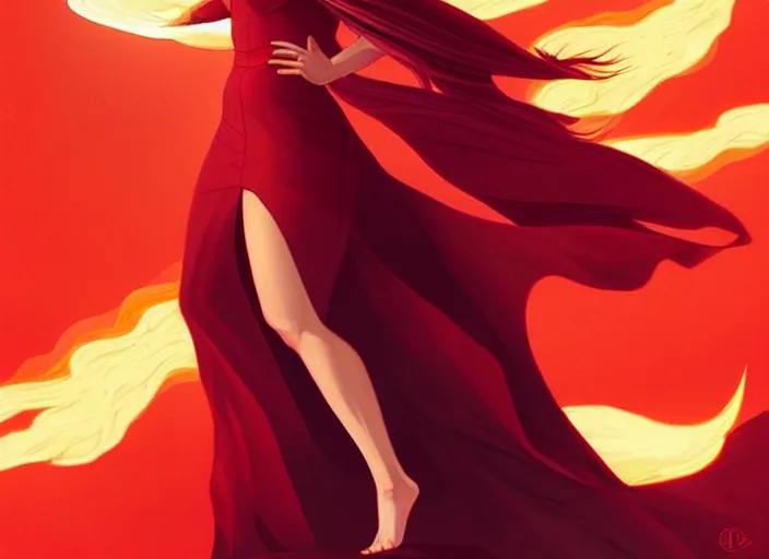 Image similar to style artgerm, joshua middleton, beautiful kristen bell with dark red dress, very long orange hair, symmetrical face, symmetrical eyes, fire powers fire swirling, detailed, volcano setting, cinematic lighting