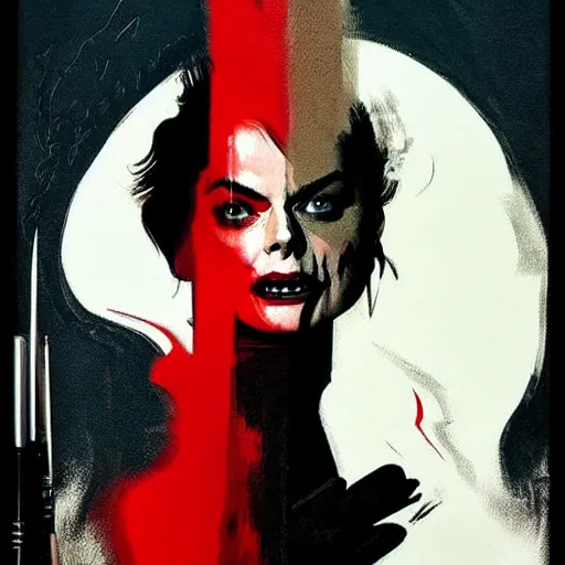 Prompt: Rafael Albuquerque art, Norman Rockwell, pretty Margot Robbie vampire sharp teeth evil smile, 5 long sharp fingers, symmetrical face symmetrical eyes, leather jacket, jeans