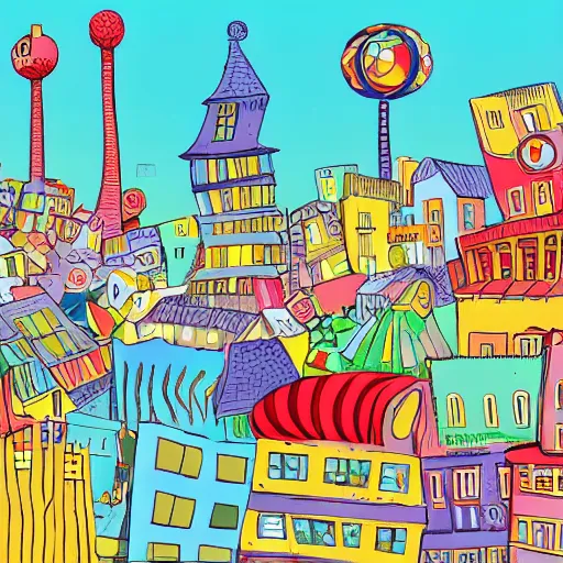 Prompt: fanciful city filled with curvy buildings, colorful kids book illustration by dr seuss, platforms, towers, bridges, stairs, style of the lorax and on beyond zebra