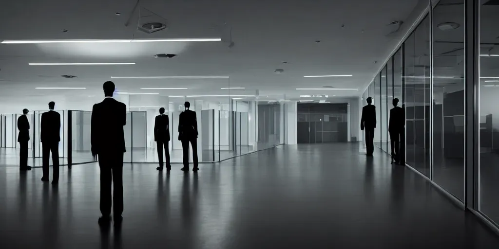 Image similar to a modern office with all the lights off and no windows, dark office. all the workers are standing up, staring blankly. a tall shadowy shape moves in the background. HD security night vision digital photograph, cinema verite.