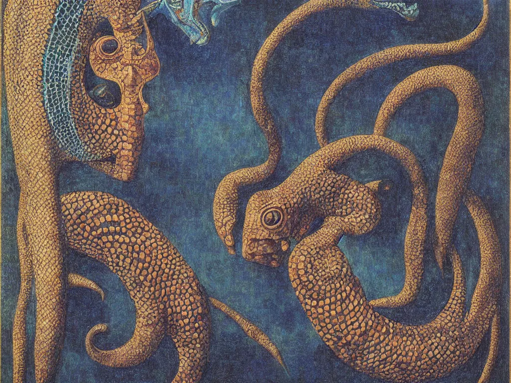 Image similar to portrait of a Mystic Lizard African mask with blue eyes in the city of flooded bones. Spiral comet. Georges de la Tour, Rene Magritte, Jean Delville, Max Ernst, Ernst Haeckel