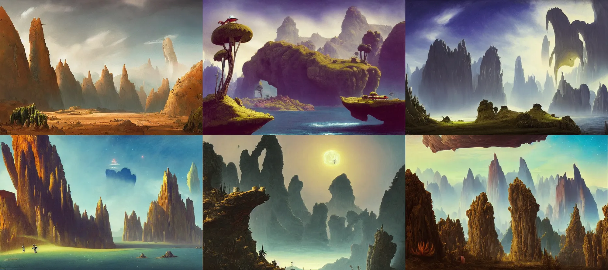 Prompt: A Felucia landscape in the style of Dr. Seuss, starships, painting by Raphael Lacoste