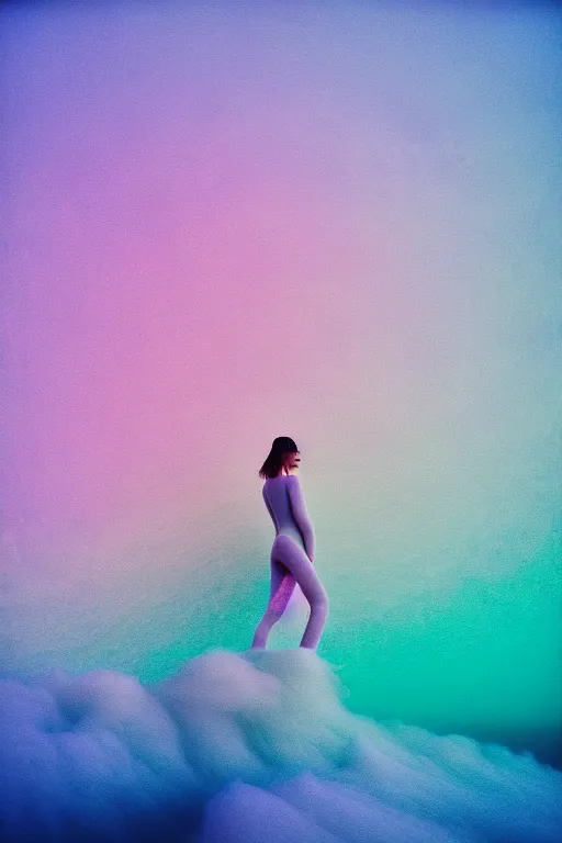 Image similar to high quality pastel coloured film close up wide angle photograph of a model wearing clothing swimming on cloud furniture in a icelandic black rock!! environment in a partially haze filled dreamstate world. three point light, rainbow. photographic production. art directed. pastel colours. volumetric clouds. pastel gradient overlay. waves glitch artefacts. extreme facial clarity. 8 k. filmic.