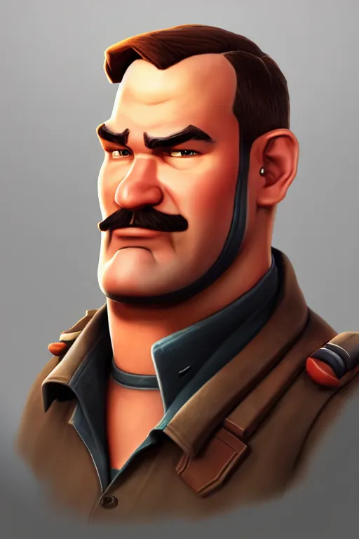 Image similar to beautiful highly detailed realistic stylized character portrait team fortress 2 engineer, detailed character art master portrait, trending on artstation