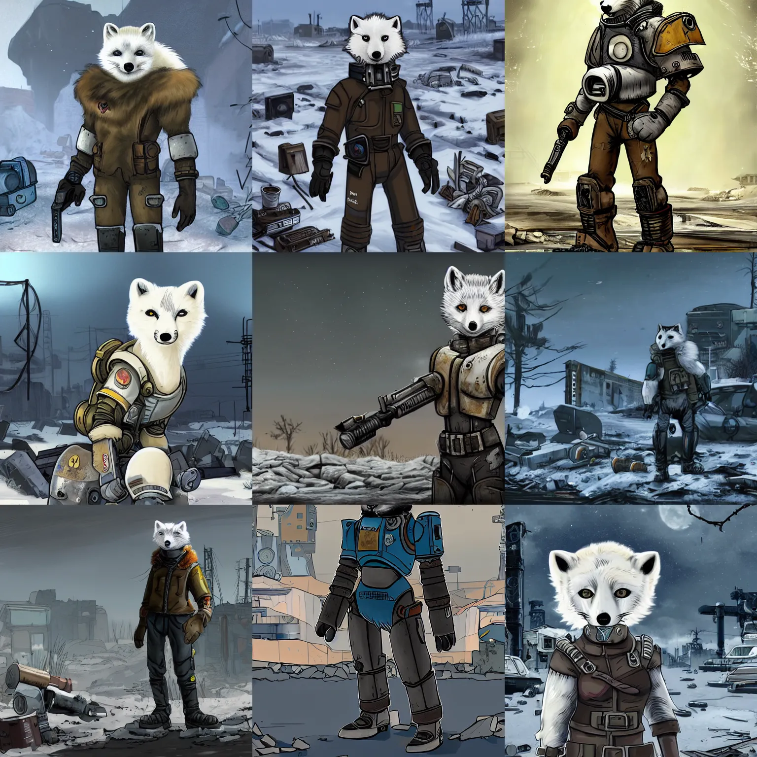 Prompt: antrho furry arctic fox wearing power armor in a post - apocalyptic wasteland with crumbling buildings, cracked asphalt, debris, plasma rifle, in the style of fallout 4 and borderlands