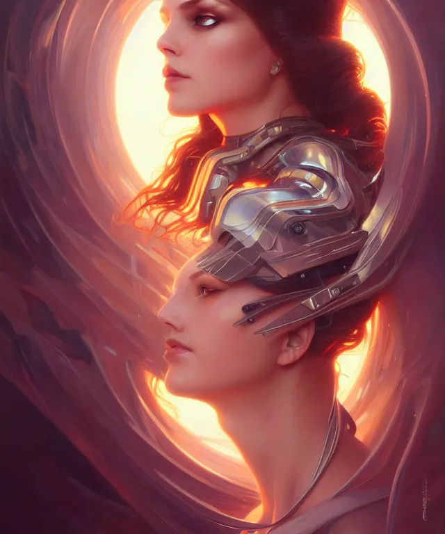 Image similar to futuristic woman portrait, sci-fi, amber eyes, face, long hair, fantasy, intricate, elegant, highly detailed, digital painting, artstation, concept art, smooth, sharp focus, illustration, art by artgerm and greg rutkowski and alphonse mucha