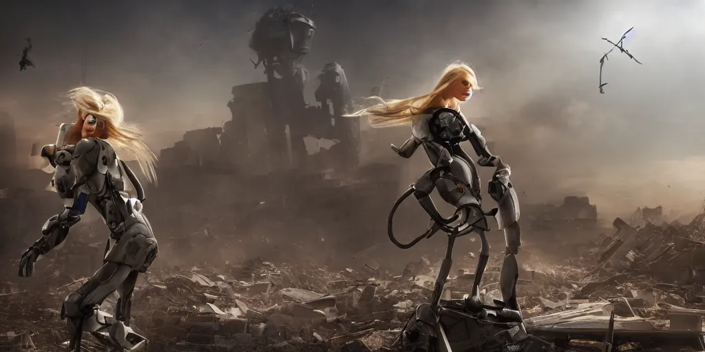 Image similar to a beautiful blond woman riding a giant robot ant in a destroyed city, 8 k, moody lighting, shallow depth of field,