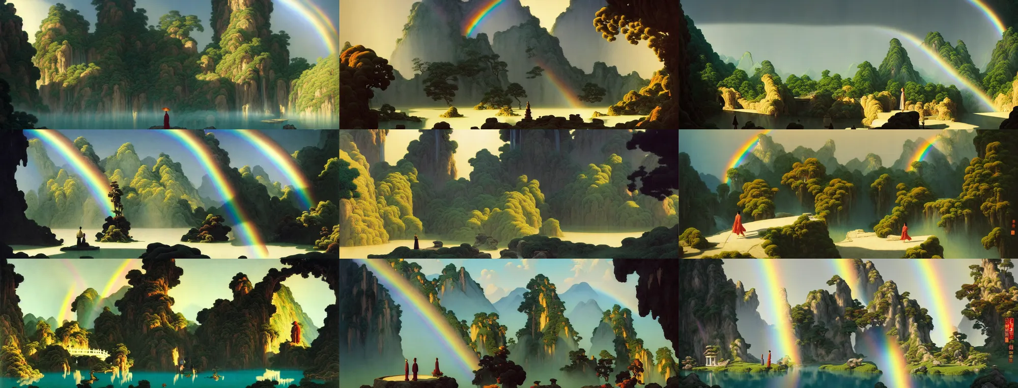 Image similar to a gorgeous landscape painting by barlowe wayne, maxfield parrish and marco mazzoni. chinese temple. sunny morning. a lonely chinese wuxia walks on the winding stone steps, stone gate to the dark cave, 3 d, octane render, turbulent lake, waterfall. fog, just one rainbow. 8 k.