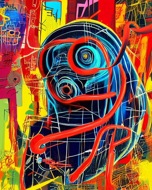 Prompt: a cyberpunk portrait of a a tardigrade by jean - michel basquiat, by hayao miyazaki by artgerm, highly detailed, sacred geometry, mathematics, snake, geometry, cyberpunk, vibrant, water