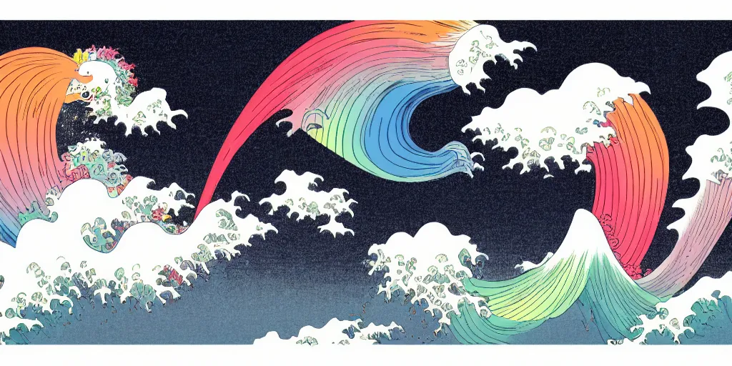 Image similar to rainbows, unicorns, and clouds isolated in the sky by Frank Miller and Hokusai, 8k, vector