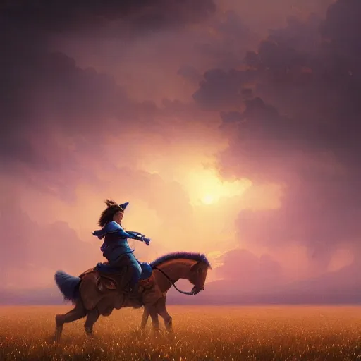 Image similar to cinematic shot epic portrait of megaman riding a mechanical horse in middle of wheat fields, sunny, cloudy, broad light, ambient occlusion, volumetric light effect, made by ivan aivazovsky, peter mohrbacher, greg rutkowski, matte painting, trending on artstation, 4 k, perfectly defined features, digital painting, cinematic, epic, highly detailed