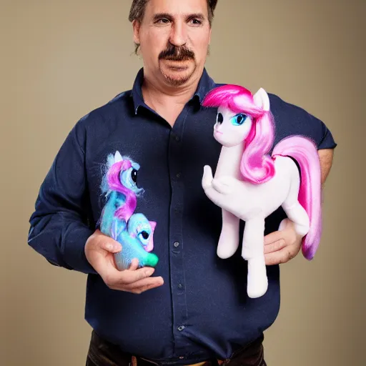 Prompt: fat mike lindell holding a my little pony plushy. commercial photography