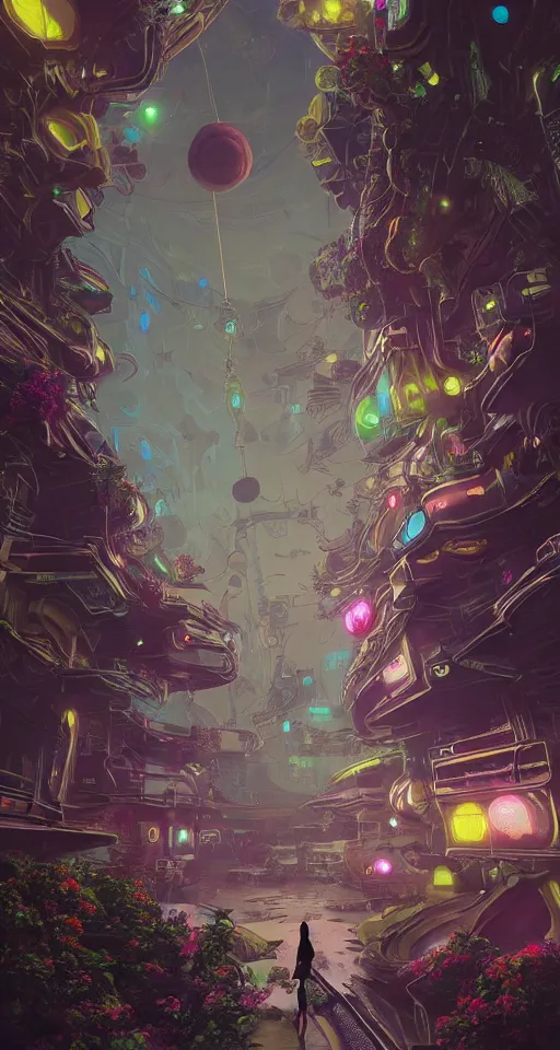 Image similar to beautiful low angle painting of an alien world with sleek architecture, steampunk, ground made of multicolour flowers, neon lights, a tiny girl watching on, in the style of junji ito, elegant, highly detailed, digital painting, artstation, cinematic lighting, glowing light and shadows, trending on artstation, octane render