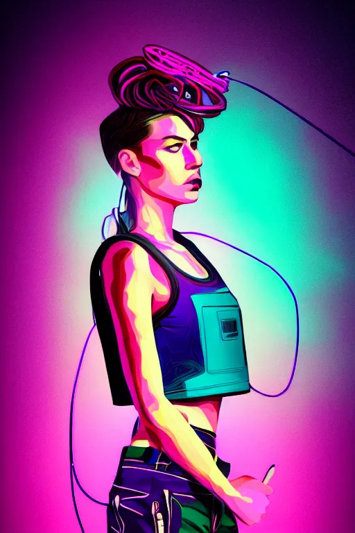 Image similar to a award winning half body portrait of a beautiful woman with stunning eyes in a croptop and cargo pants with ombre purple pink teal hairstyle and hands in pockets by thomas danthony, surrounded by whirling illuminated lines, outrun, vaporware, shaded flat illustration, digital art, trending on artstation, highly detailed, fine detail, intricate