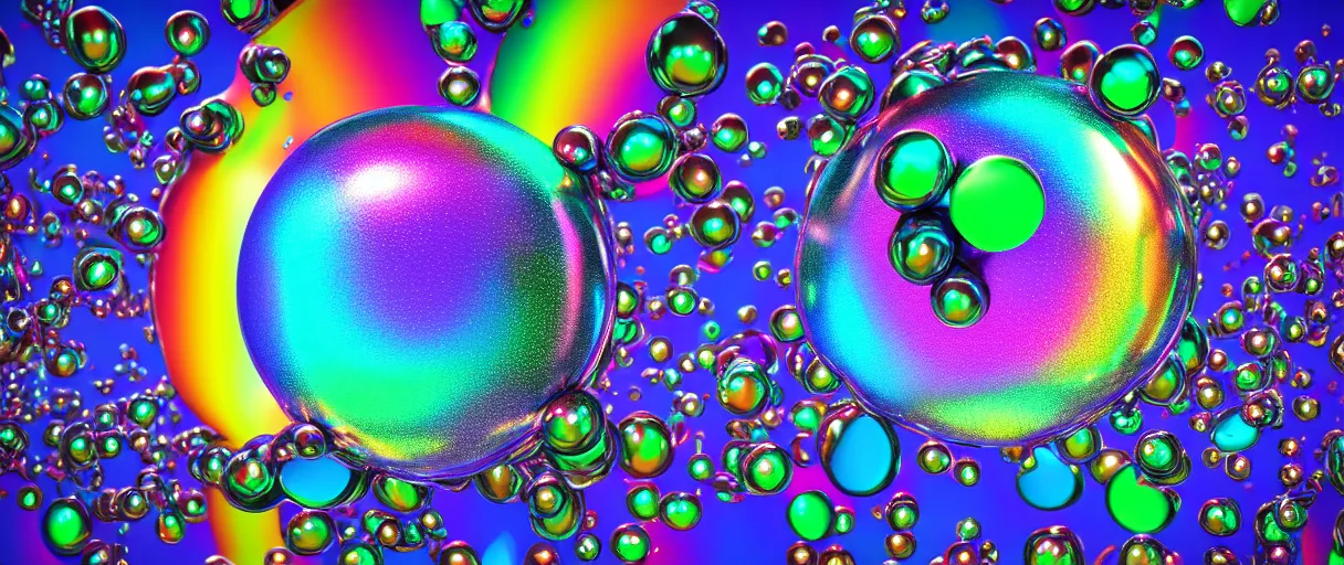 Prompt: surreal chrome rainbow bubbly liquid, 3 d octane render, reflective, raytracing, dynamic lighting, focus