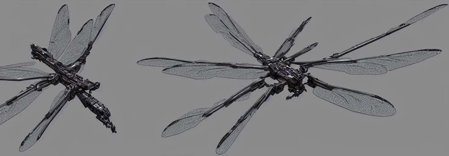 Image similar to symmetry!! a mechanized dragonfly with it's wings spread, gunmetal grey, top down view, very symmetrical, mecha, jet fighter, robotic, highly detailed, artstation, super realistic, unreal engine