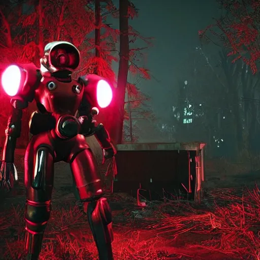 Image similar to A girl in a noir outfit stands next to a power armor from the company core-cola, red coloring, stands against the background of a radioactive forest, graphics, fallout 4 render, 3d computer render, maximum details, rain, night, spotlight,