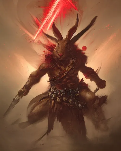 Image similar to Rabbit Berserker, rage, maniac, war paint, red, Khorne, magic the gathering artwork, D&D, fantasy, cinematic lighting, centered, symmetrical, highly detailed, digital painting, artstation, concept art, smooth, sharp focus, illustration, volumetric lighting, epic Composition, 8k, art by Akihiko Yoshida and Greg Rutkowski and Craig Mullins, oil painting, cgsociety