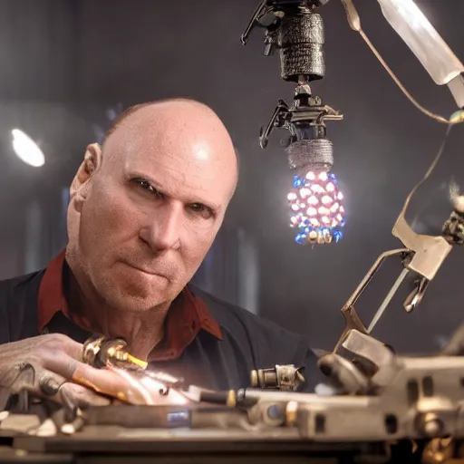 Image similar to balding older cyborg using jeweller's loupe with orange led light, inspecting intricate gun made from rusted cutlery, smoking soldering iron, dark messy cluttered workshop, dark, dramatic lighting, cinematic, highly detailed, sci - fi, futuristic, movie still from blade runner