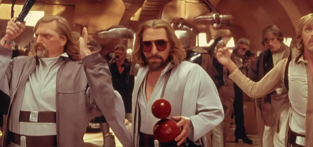 Image similar to The Big Lebowski bowling with Luke Skywalker in the Star Wars Cantina from A New Hope, Steve Buscemi is in the background in a Stormtooper uniform with his helmet off