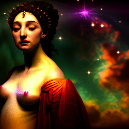 Prompt: goddess of the universe. fantasy. ultra realistic portrait of the women. creation of the galaxy. volumetric lighting. nature. haze. epic. cinema. rembrandt.