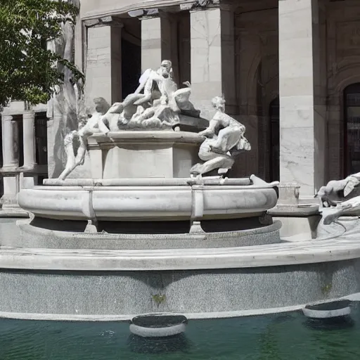 Prompt: an infinite expanse of marble fountains of differing design with occasional bronze figures in some of the fountains, empty scene with no people, no animals, no plants