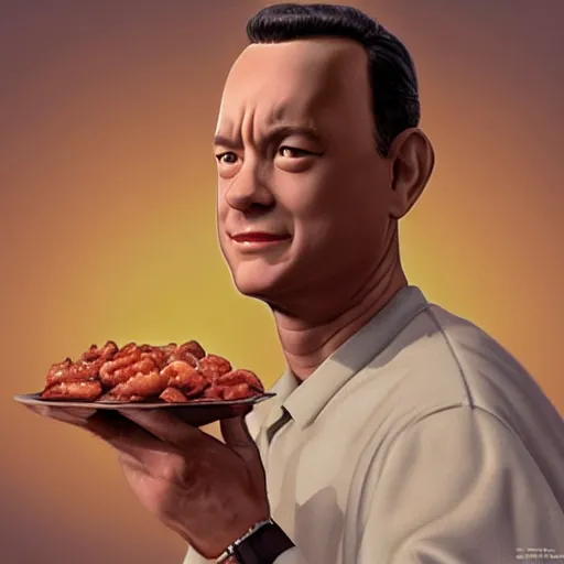 Prompt: tom hanks as forrest gump has shrimps instead of hands, photorealistic, cgsociety, artstation