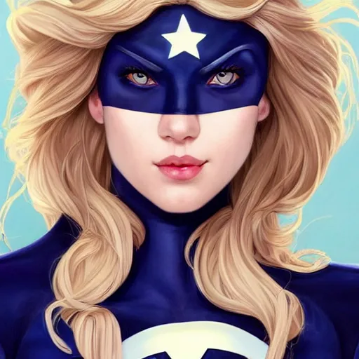 Image similar to a beautiful portrait of a beautiful cute superhero woman, blonde hair, matte navy - blue bodysuit with a white star and white cape, intricate, elegant, 8 k, highly detailed, digital painting, concept art, smooth, sharp focus, illustration, disney, anime, by artgerm and loish and wlop and alphonse mucha