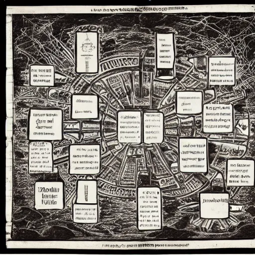 Image similar to incredibly complex design flowchart in a renaissance engraving describing how to become initiated in theurgic and theophanic mysteries, mmorpg gui