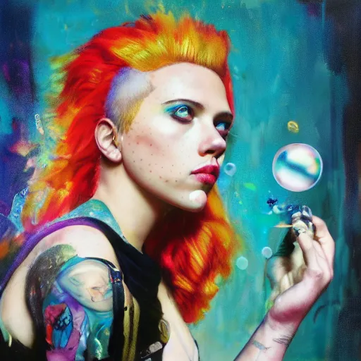 Image similar to young scarlett johansson as delirium from sandman, ( hallucinating colorful soap bubbles ), by jeremy mann, by sandra chevrier, by jean giraud and richard avedon, punk rock, tank girl, high detailed, 8 k