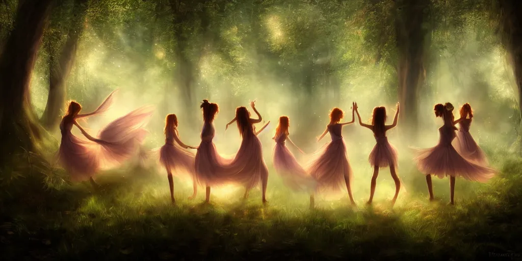 Prompt: masterpiece ephemeral elven girls dancing in the woods at dusk, by rossdraws, majestic, volumetric lighting, porcelain skin, photorealistic, intricate, trending on artstation 8 k