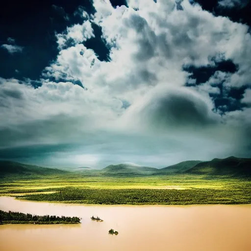 Prompt: a beautiful picture of an island floating in the sky above the flood on the hills,cinematic photography,